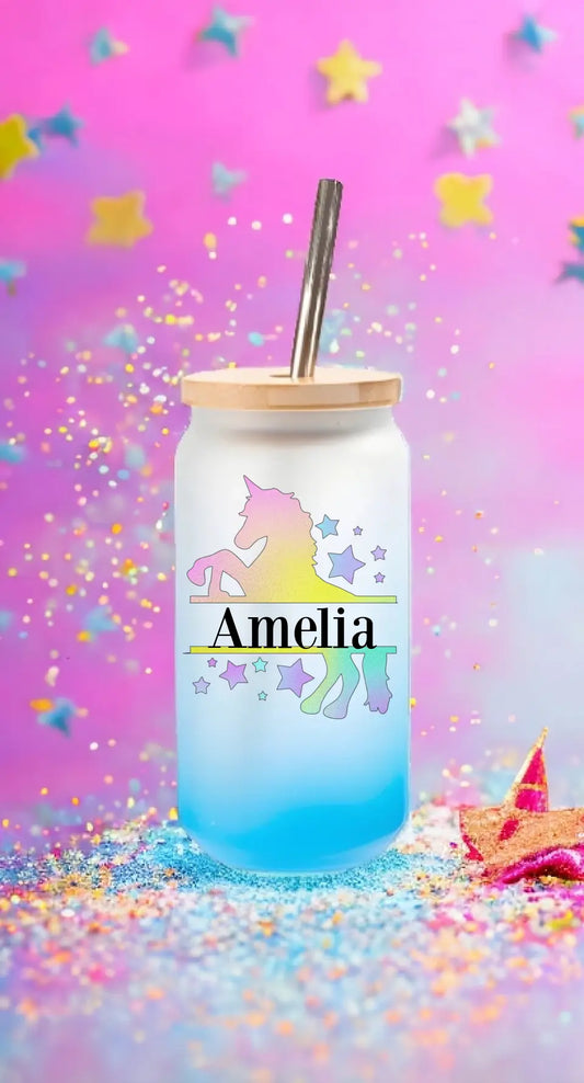Light Blue Frosted Glass Personalised Unicorn Tumbler